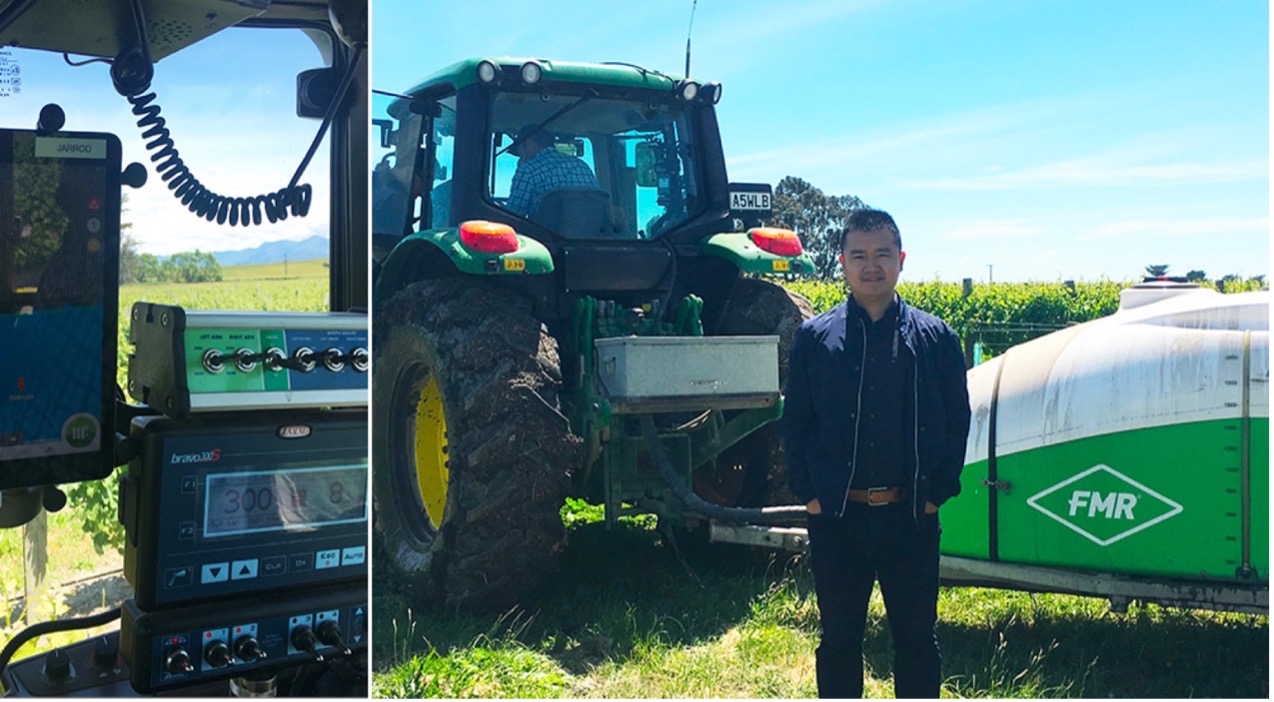 Leon at a NuPoint client farm — left: NuPoint software running in the tractor cab; right: Leon standing beside a tractor at a vineyard